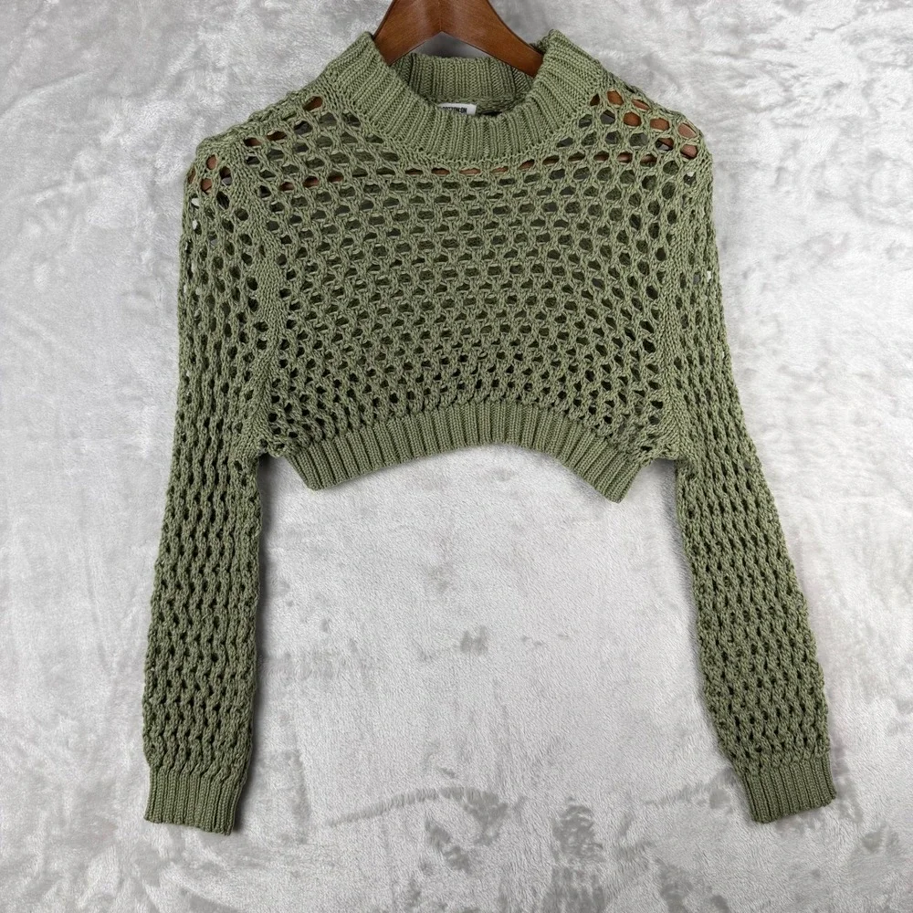 Green Crochet Knit Mock Neck Long Sleeve Crop Sweater Top L Fall‎ photo
